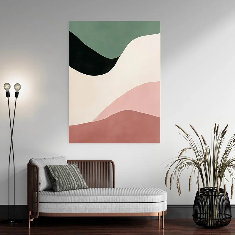 Tableau abstrait minimaliste noir rose et beige