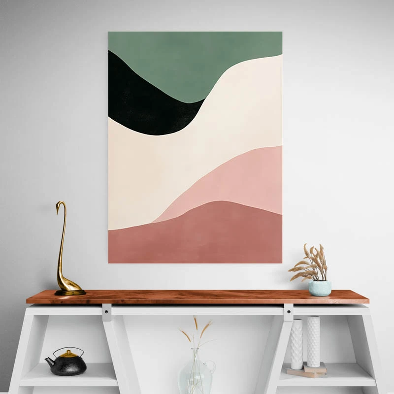 Tableau abstrait minimaliste noir rose et beige