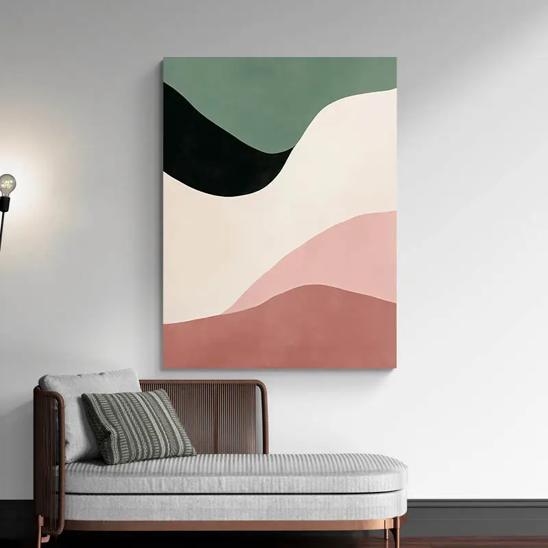 Tableau abstrait minimaliste noir rose et beige