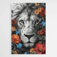 Tableau lion monochrome et fleurs