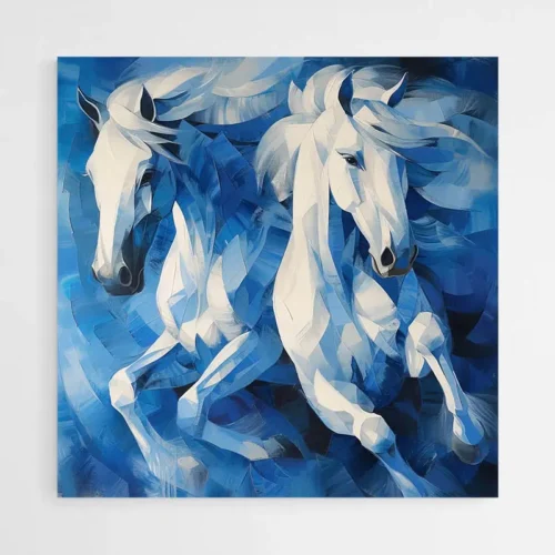 Tableau peinture chevaux bleus