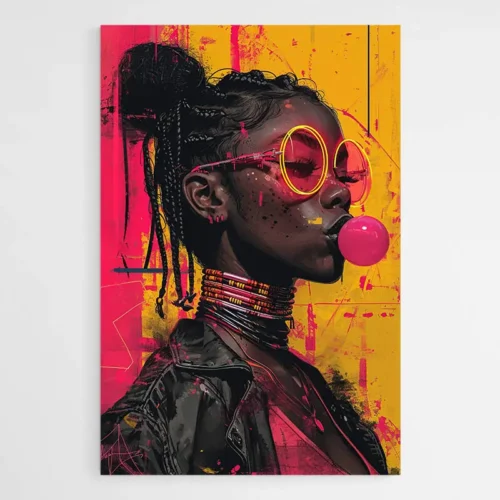 Tableau street art femme noire avec chewing gum