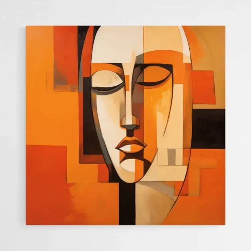 Tableau visage abstrait orange et noir