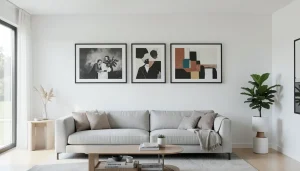 Plusieurs tableaux modernes alignés horizontalement sur un mur blanc avec précision millimétrique