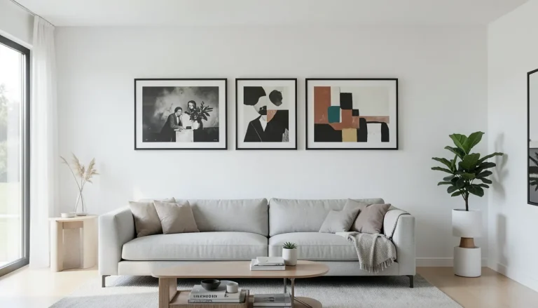 Plusieurs tableaux modernes alignés horizontalement sur un mur blanc avec précision millimétrique