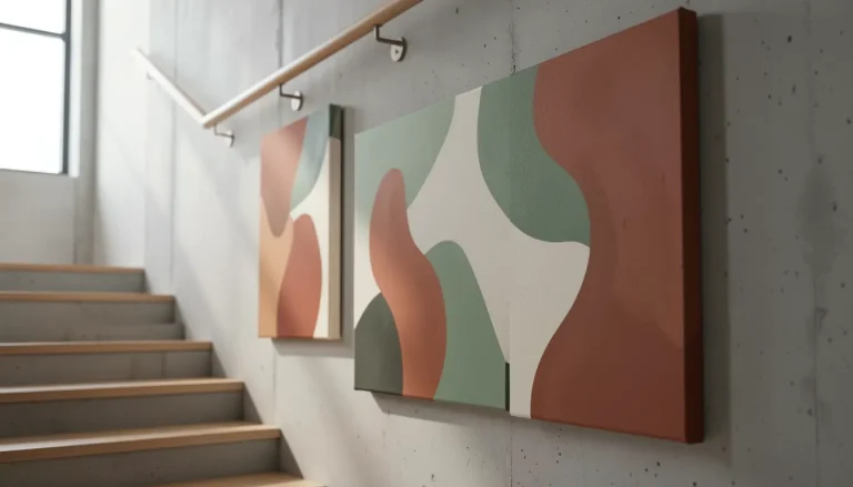 Mur d'escalier habillé de trois tableaux grand format alignés sur la pente, lumière latérale douce
