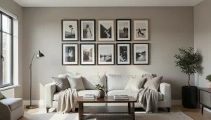 Mur de cadres harmonieux dans un salon moderne avec composition équilibrée