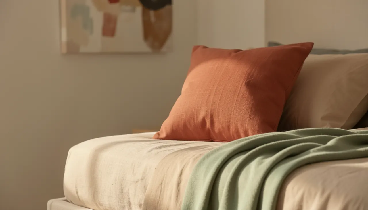 Palette de couleurs douces pour un tableau chambre adulte : terracotta, sable et vert sauge