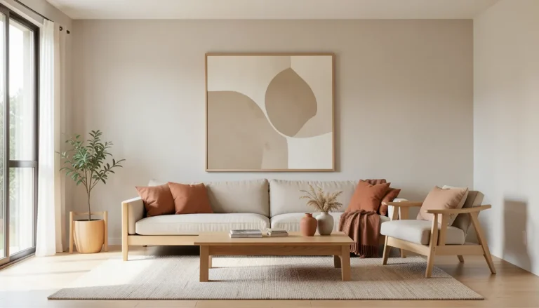 Décoration murale Japandi avec tableau minimaliste aux tons neutres dans un intérieur épuré