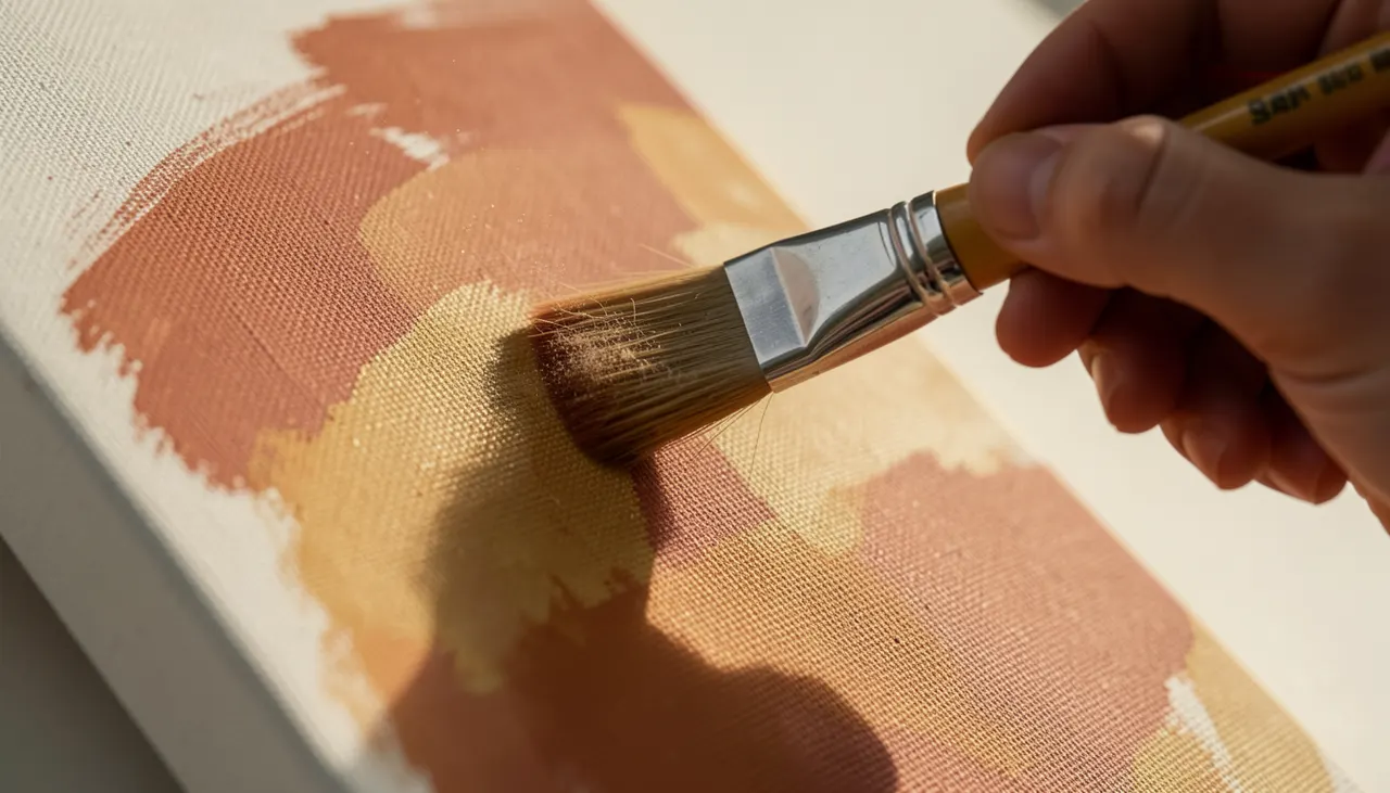 Dépoussiérage au pinceau sur toile texturée Main tenant un pinceau en poils de chèvre effleurant une toile texturée dans une lumière rasante