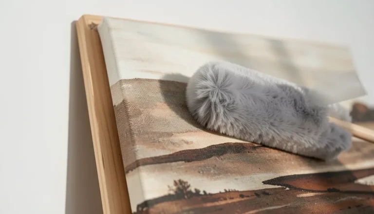 Toile imprimée sur châssis en bois poussiérée délicatement avec un plumeau en microfibre