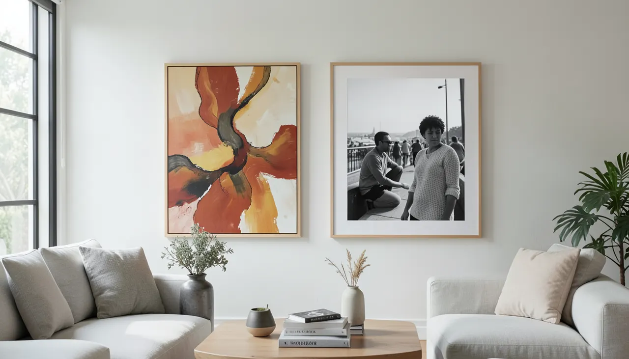 Dialogue chromatique entre deux œuvres Deux tableaux différents avec palette harmonieuse associés côte à côte dans salon moderne
