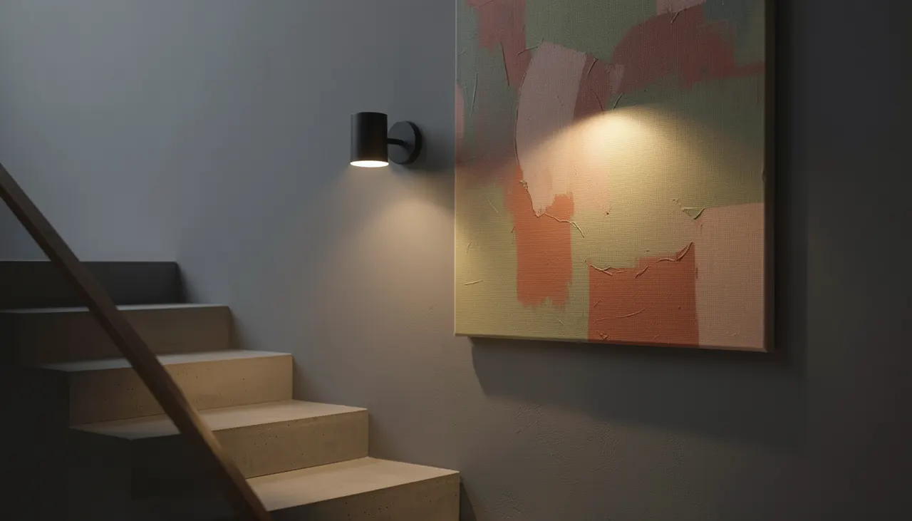 Applique murale orientable 3000K éclairant un tableau sur châssis dans un escalier