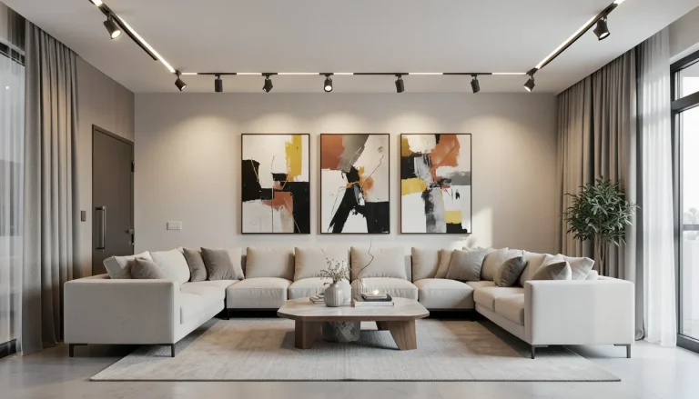 Eclairage LED pour tableau moderne dans salon contemporain