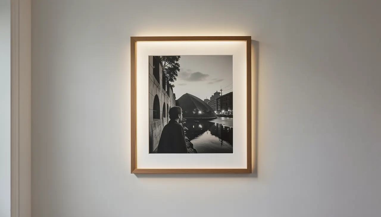 Éclairage premium pour impression encadrée Tableau encadré avec éclairage LED orientable créant un effet galerie