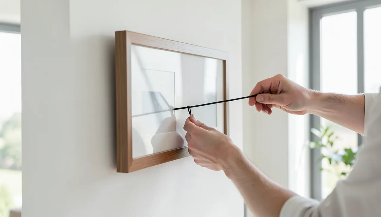 Installation d'un fil d'ariane tendu horizontalement sur un mur blanc pour aligner plusieurs cadres