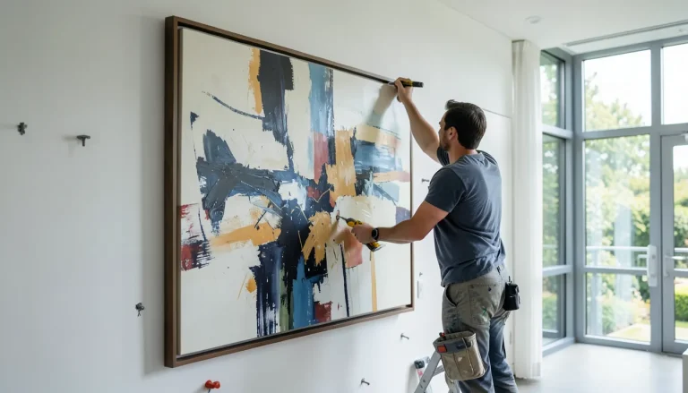 Installation professionnelle d'un tableau lourd sur mur avec système de fixation sécurisé