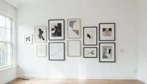 Composition asymétrique de tableaux modernes de tailles différentes sur mur blanc