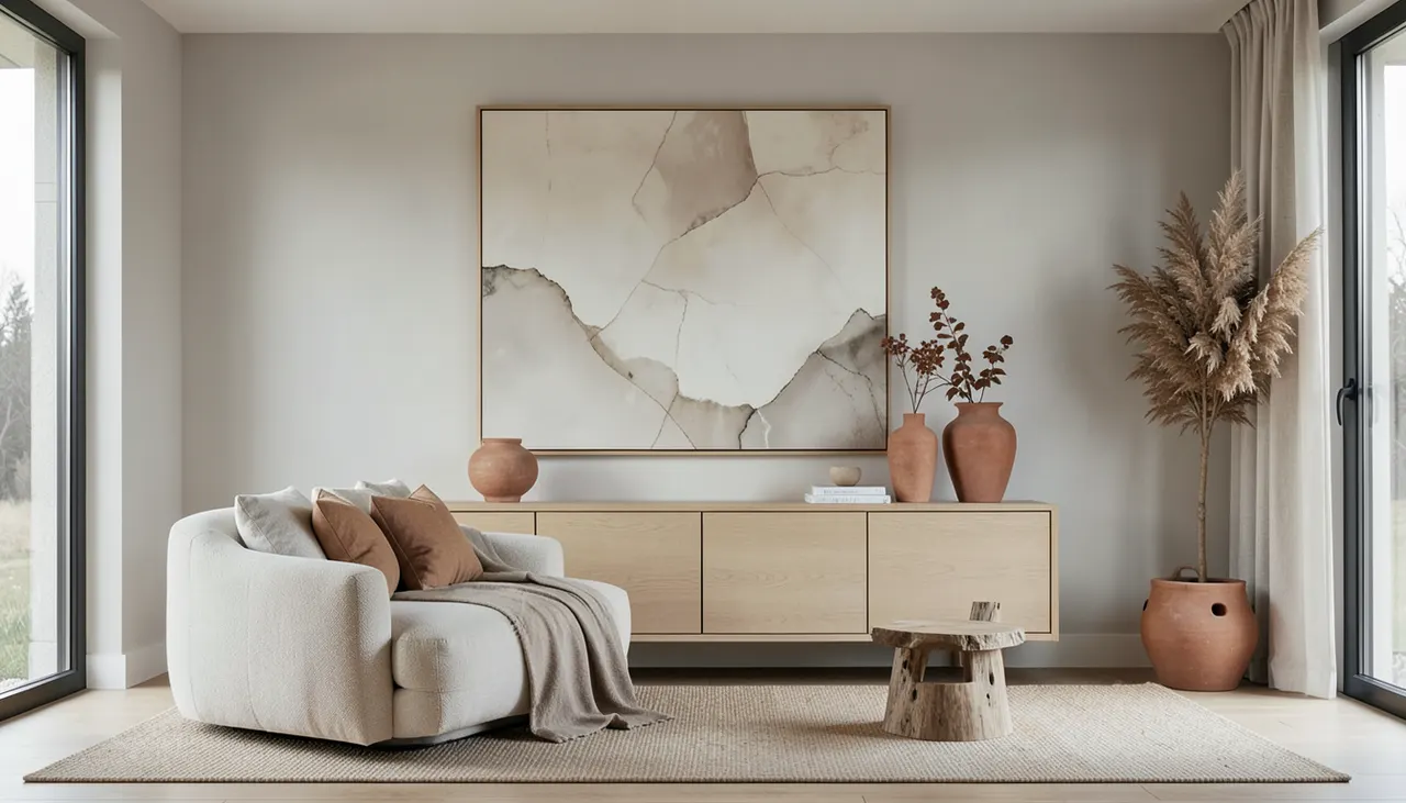 Harmonie matières Japandi Intérieur Japandi avec tableau abstrait, mobilier bois clair et textiles naturels