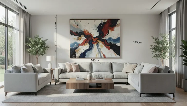 Règle de hauteur idéale pour accrocher un tableau dans un salon moderne