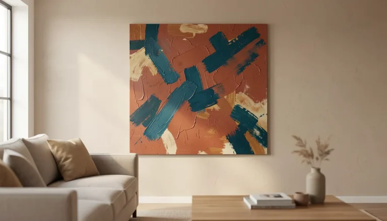Tableau abstrait coloré aux tons terracotta et bleu pétrole sur mur beige dans un salon contemporain