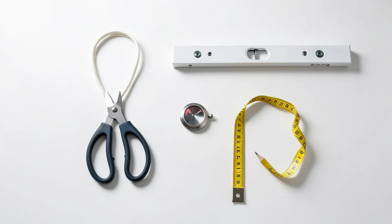 Matériel pour aligner des cadres : fil de nylon, niveau, crayon et mètre sur une surface de travail