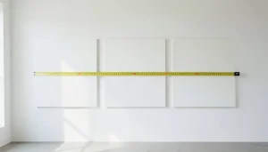 Espacement entre panneaux d'un triptyque moderne accroché sur mur blanc avec mesure