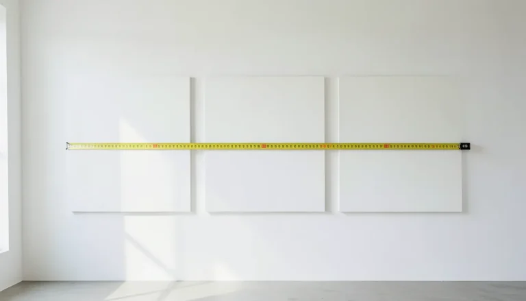 Espacement entre panneaux d'un triptyque moderne accroché sur mur blanc avec mesure