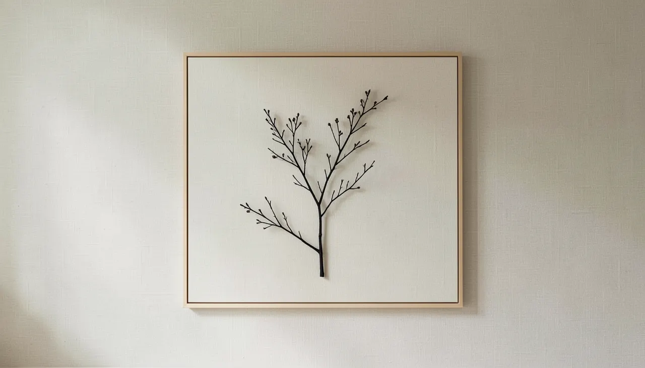 Motif botanique Japandi épuré Motif botanique minimaliste style Japandi avec branche stylisée sur fond neutre