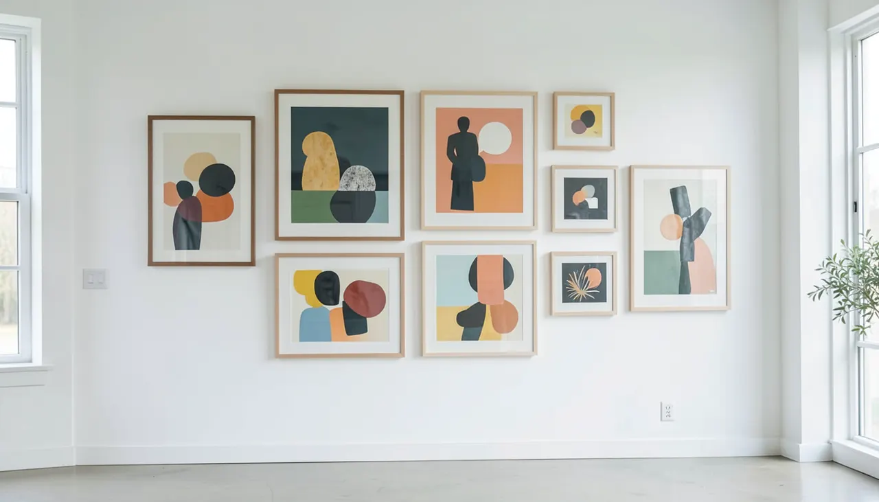 Mur galerie organisé sur mur XXL Mur galerie avec composition de tableaux variés sur grand mur blanc dans un intérieur contemporain