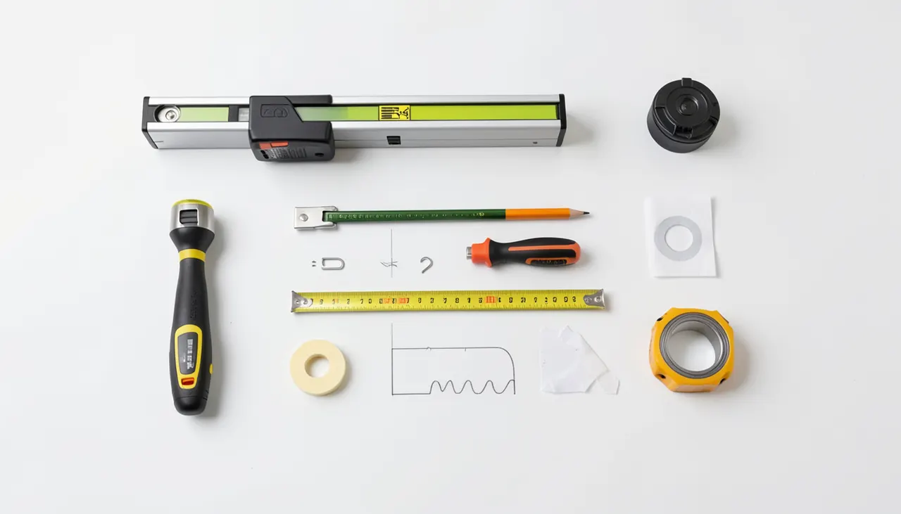 Outils accrochage tableau polyptyque Outils de mesure pour accrochage triptyque avec niveau laser et mètre ruban sur mur