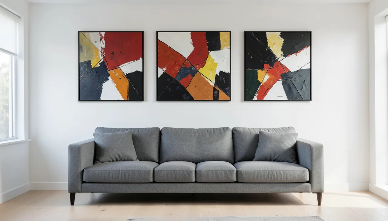 Plusieurs tableaux parfaitement alignés horizontalement dans un salon moderne avec canapé gris