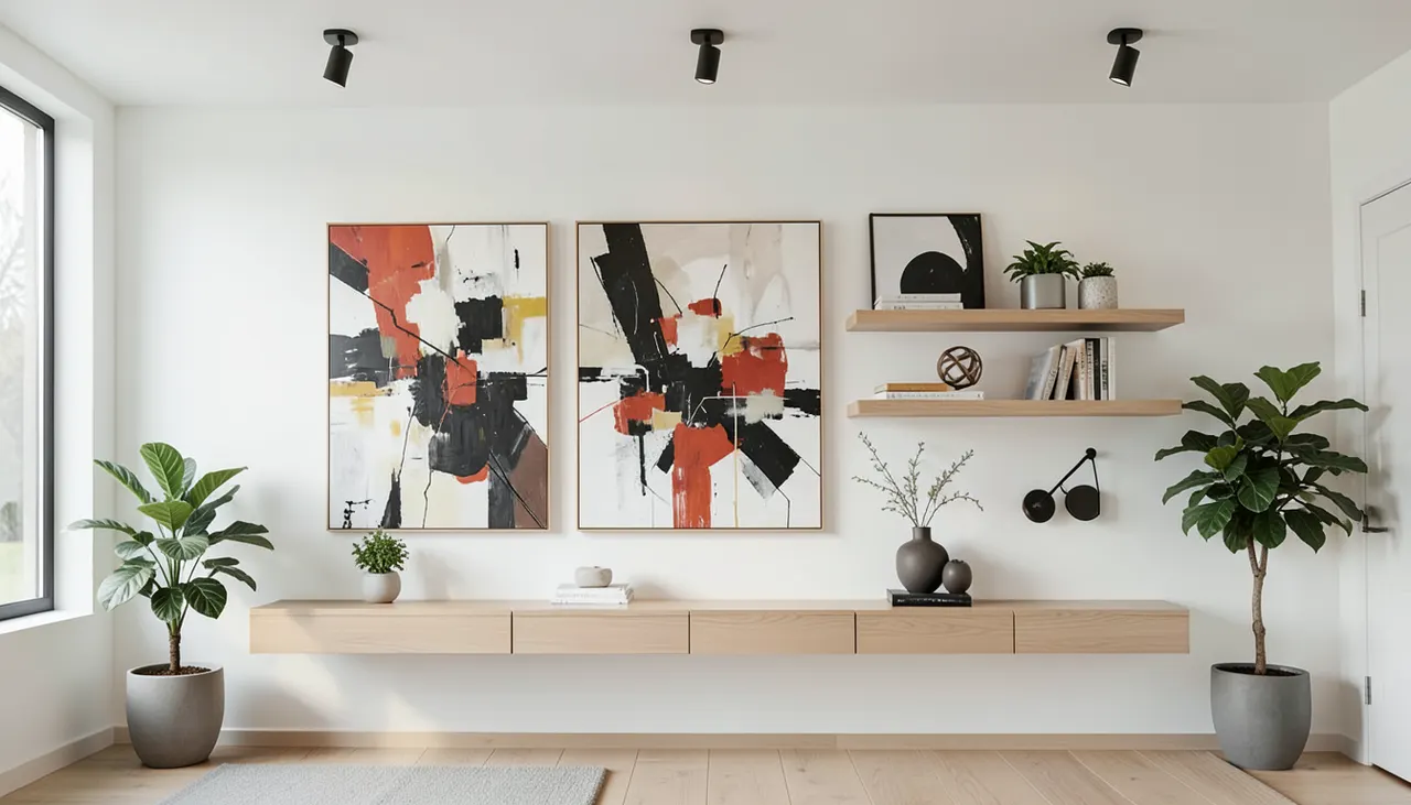 Solution mixte tableaux et architecture Grand mur blanc habillé par une combinaison de tableaux modernes et étagères architecturales