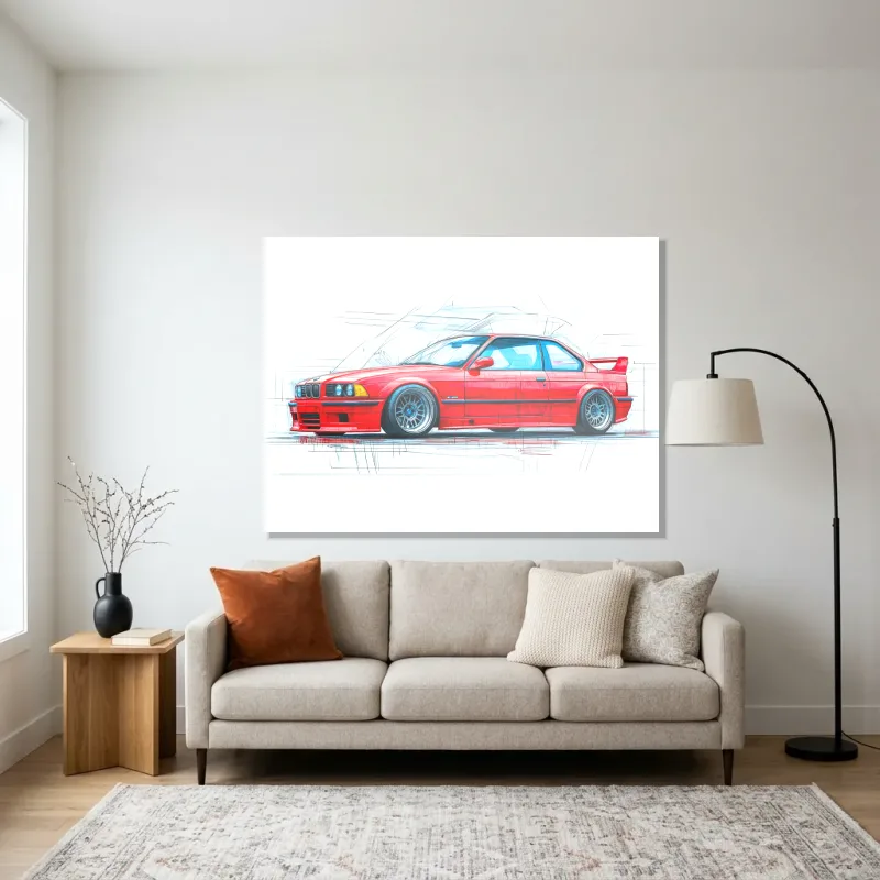 Tableau BMW rouge esquisse – Aluminium Brillant