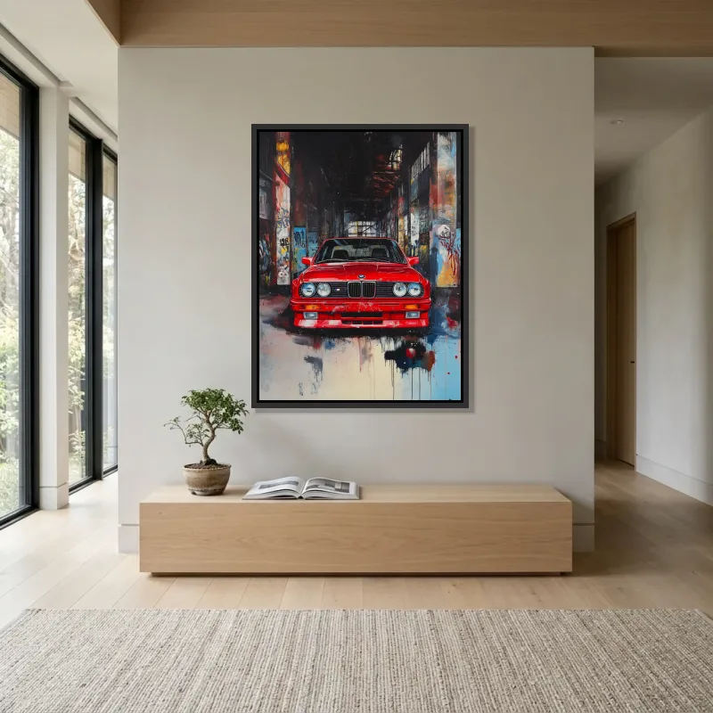 Tableau BMW rouge urbain – Cadre Flottant