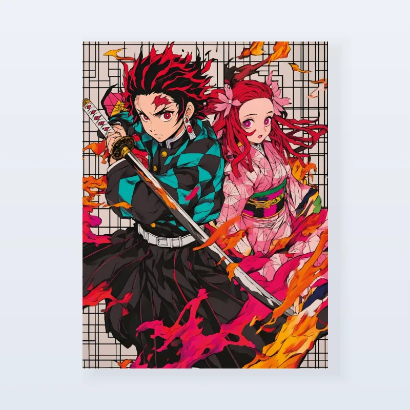 Tableau Demon Slayer duo enflammé