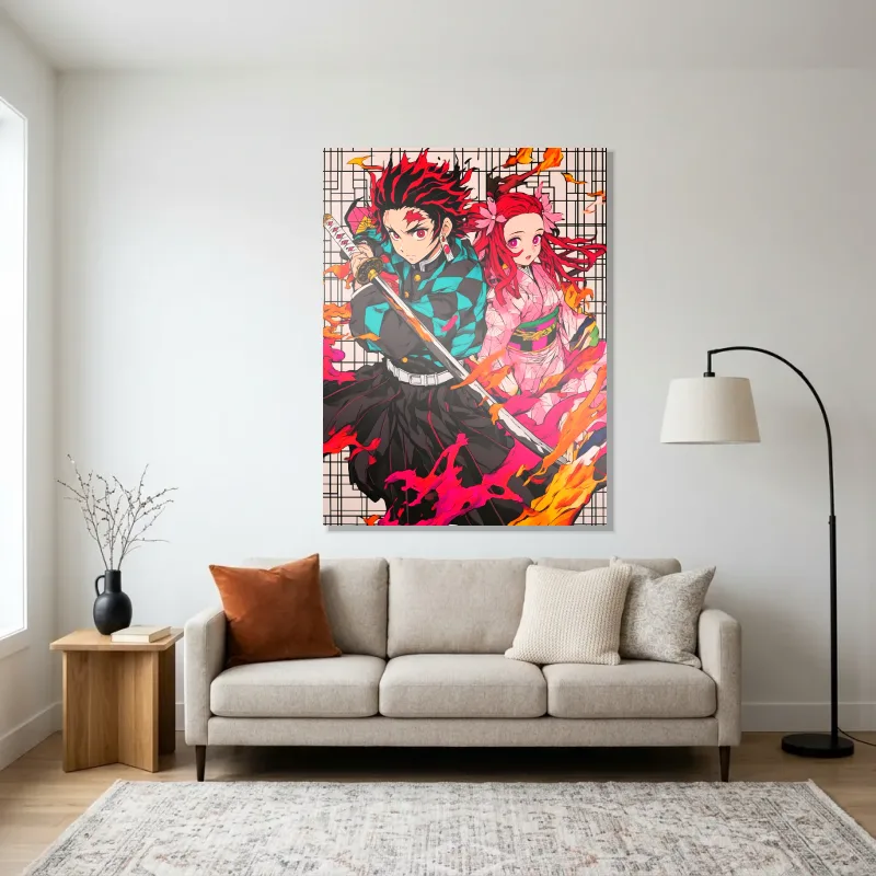Tableau Demon Slayer duo enflammé – Aluminium Brillant