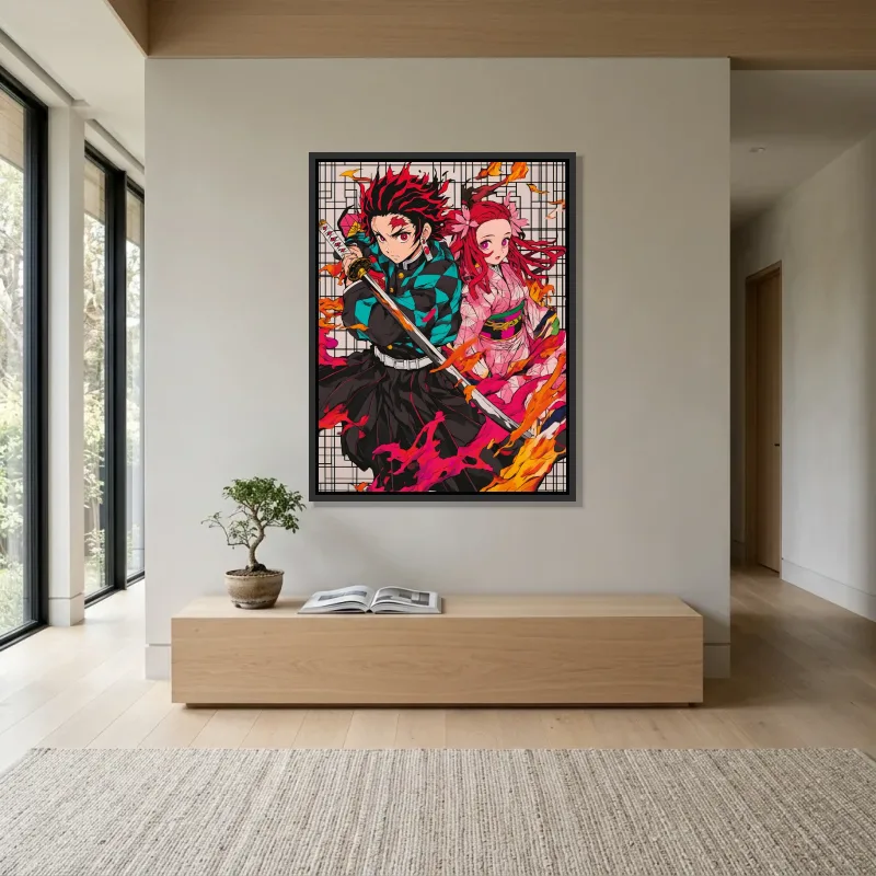Tableau Demon Slayer duo enflammé – Cadre Flottant