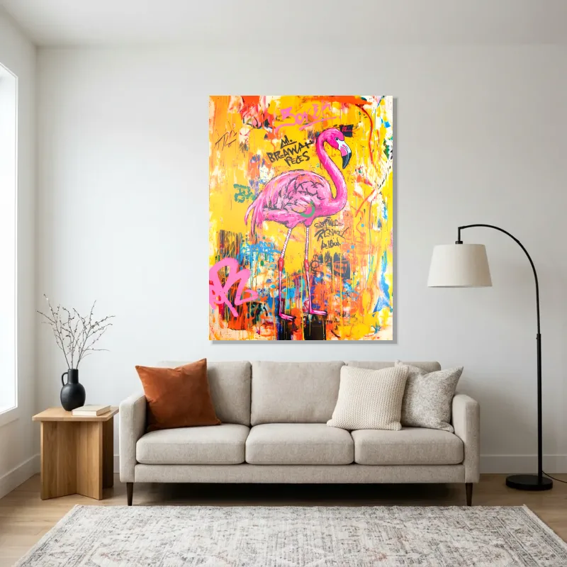 Tableau flamant rose urbain – Aluminium Brillant