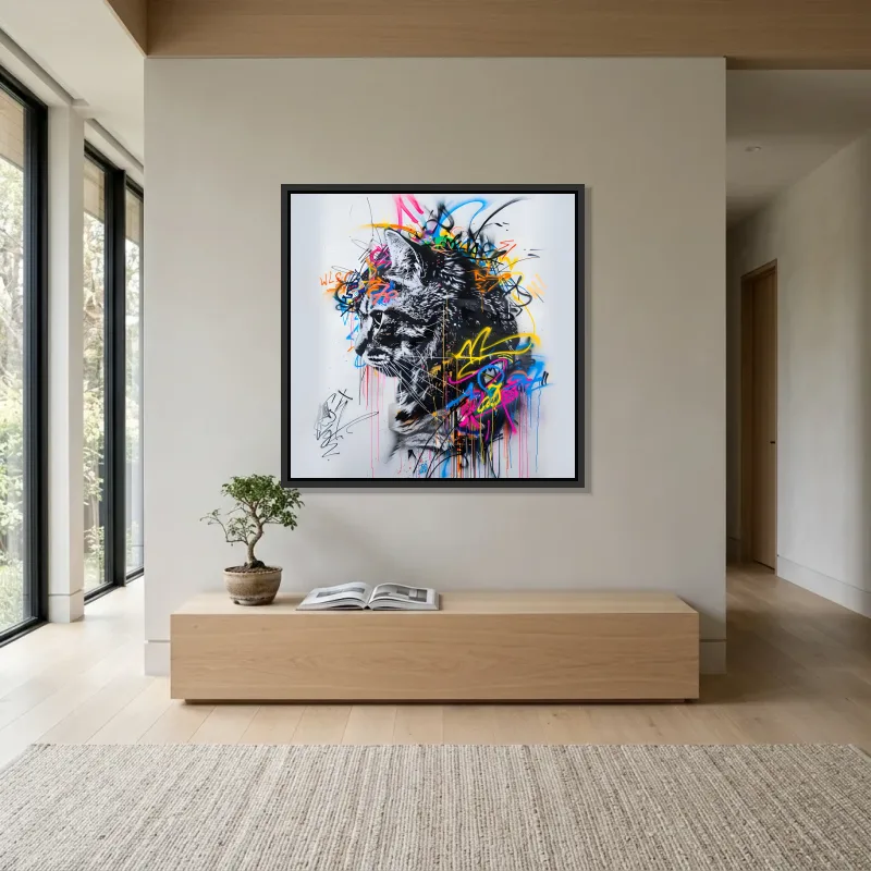 Tableau graffiti chat sauvage – Cadre Flottant