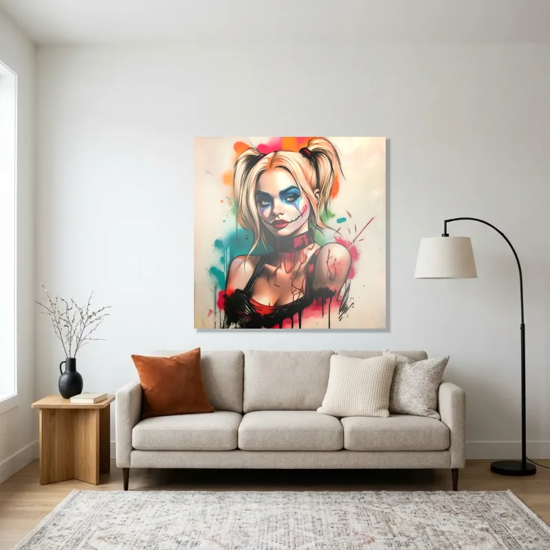 Tableau Harley Quinn explosions couleurs – Aluminium Brillant
