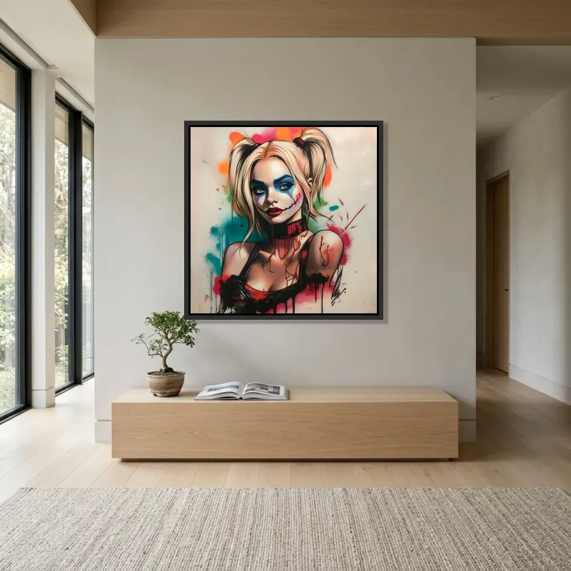Tableau Harley Quinn explosions couleurs – Cadre Flottant