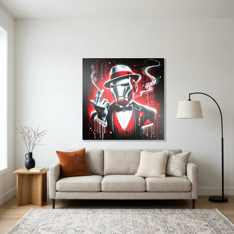 Tableau Iron Man smoking élégance – Aluminium Brillant