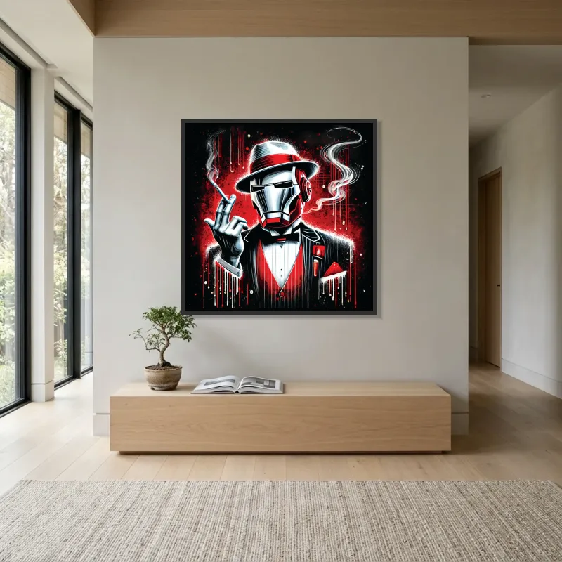 Tableau Iron Man smoking élégance – Cadre Flottant