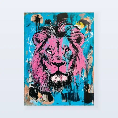 Tableau lion rose et bleu Tableau lion rose et bleu
