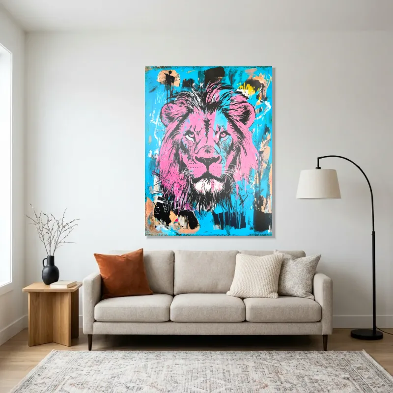 Tableau lion rose et bleu – Aluminium Brillant