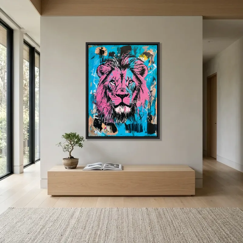 Tableau lion rose et bleu – Cadre Flottant