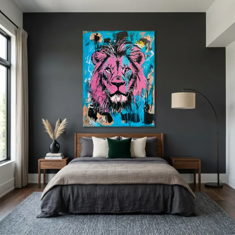 Tableau lion rose et bleu – Toile sur châssis
