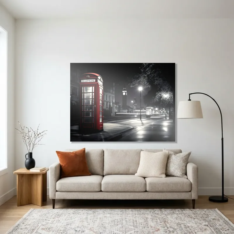 Tableau Londres cabine nuit – Aluminium Brillant