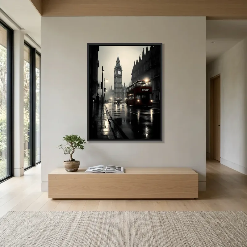 Tableau Londres rue pluie Ben – Cadre Flottant
